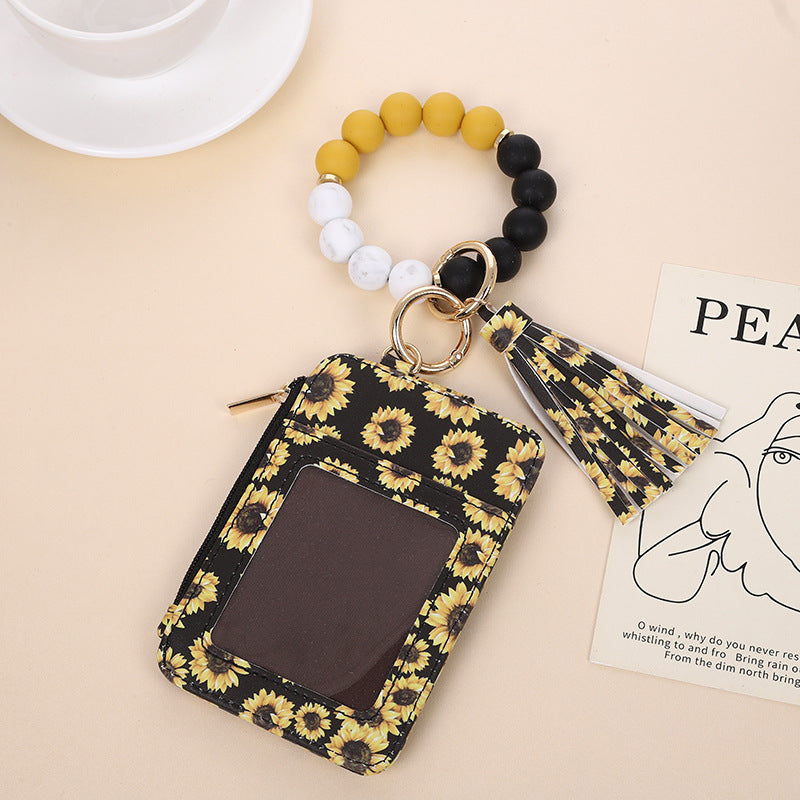 Wholesale Western Style Cow Pattern Sunflower Leopard Print Card Holder Silicone Beaded Wristlet Keychain ACC-KC-QiuXue006