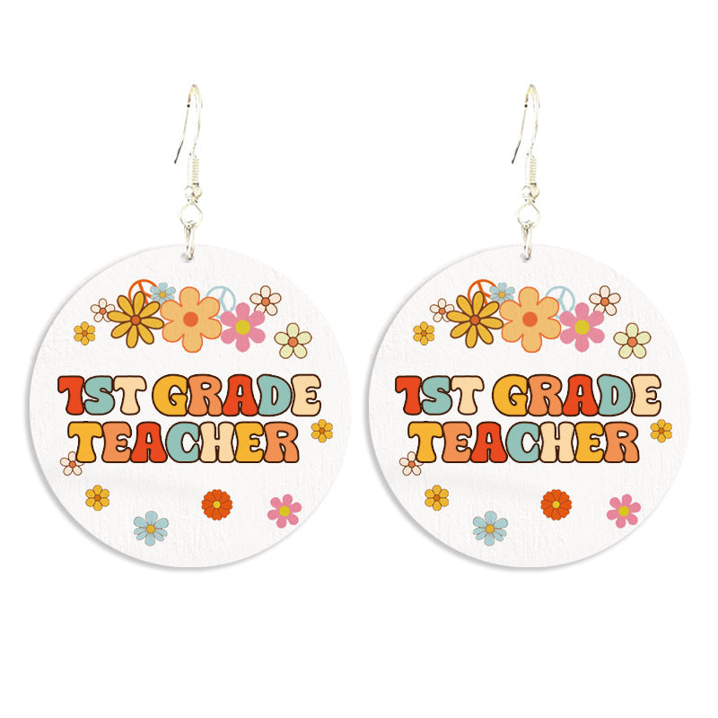 Wholesale Wooden printed school season grade text retro Bohemian autumn earrings