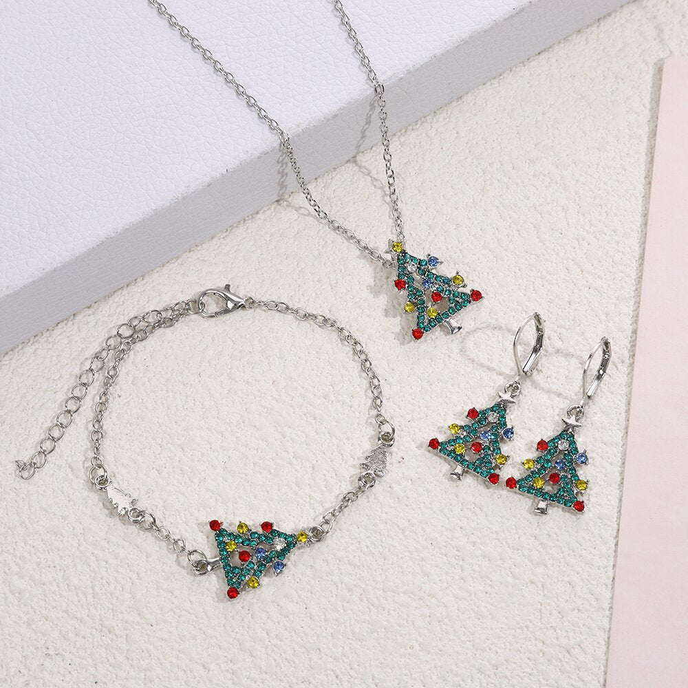 Wholesale Color Christmas Tree Diamond Earrings Necklace Bracelet suit