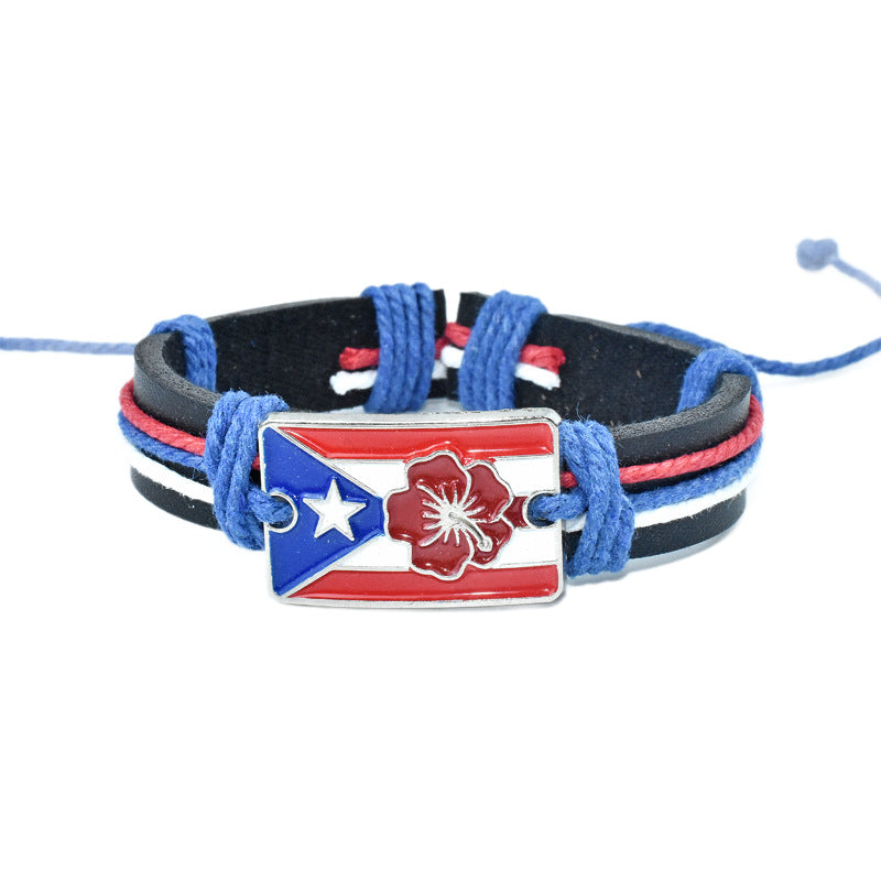 Wholesale European and American style zinc alloy Puerto Rican flag genuine leather bracelet,  men' s hibiscus macadamia flower wholesale woven bracelet