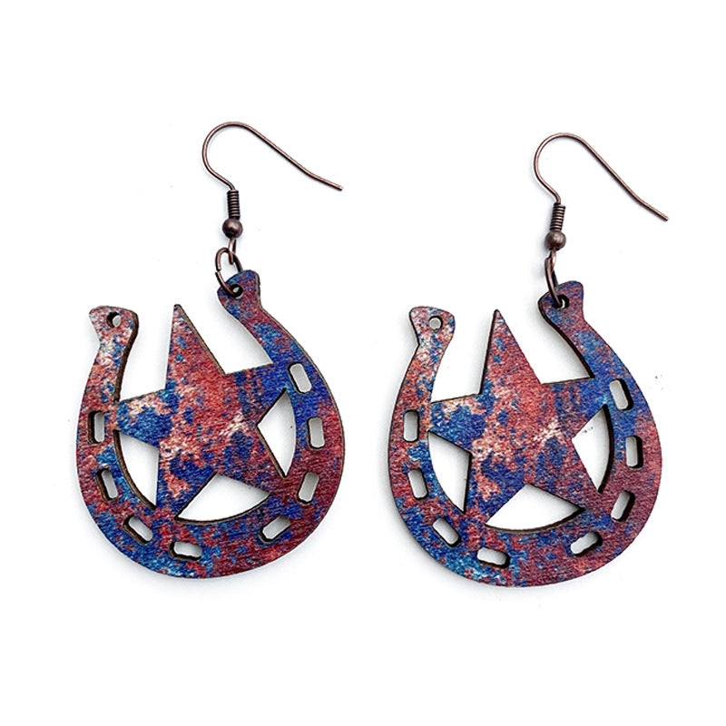 Wholesale Western Revival Rust Printed Wood Ear Rings ACC-ES-XinChuan008