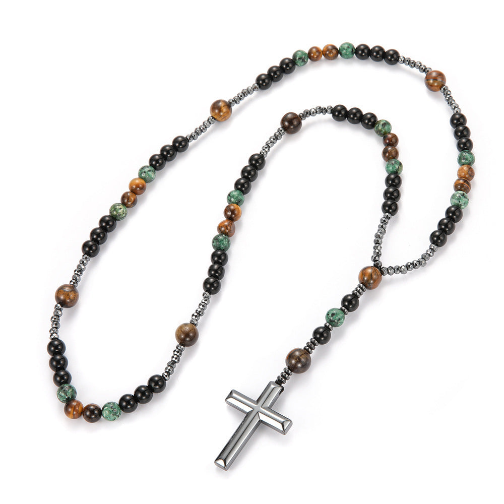 Wholesale Yellow Tiger Eye Retro Natural Stone Men' s Long Cross Necklace