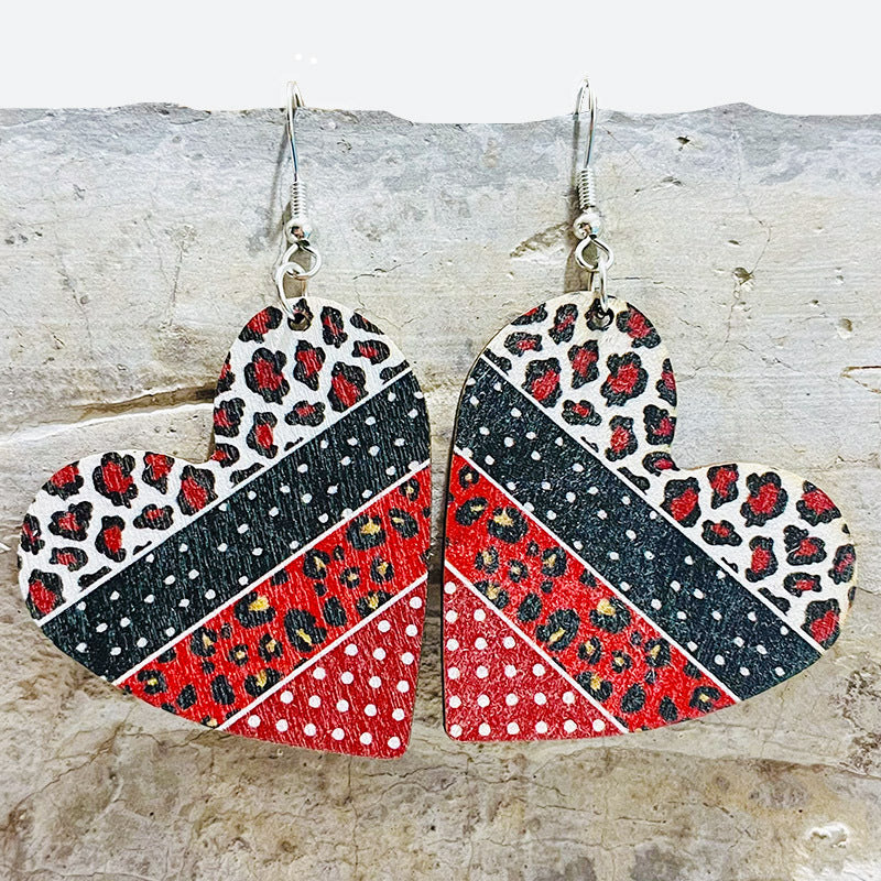 Wholesale 2 Pairs/pack Valentine's Day Hollow Heart Leopard Print Wooden Earrings ACC-ES-HeYi001