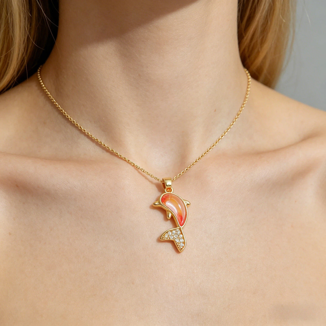 Wholesale Dolphin Pendant Necklace Gold Plated Cubic Zirconia Stylish Office Fashion Accessory