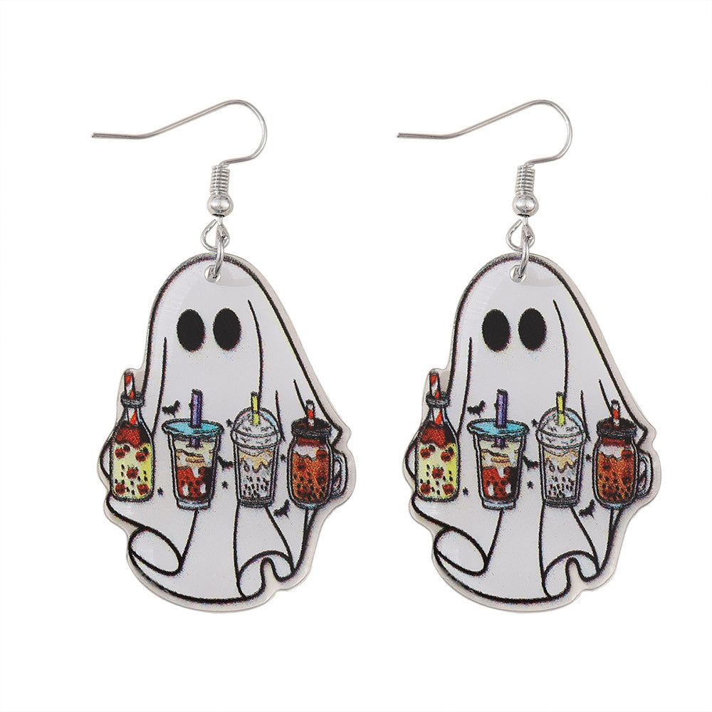 Wholesale Halloween Cute Ghost Coffee Cup Pendant Acrylic Earrings