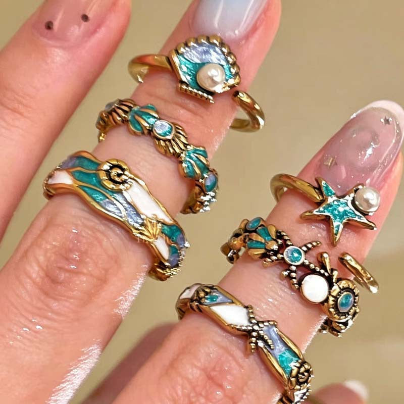 Wholesale Ocean Party Retro Starfish Shell Pearl Enamel Women S Adjustable Stacking Ring Jewelry Accessory