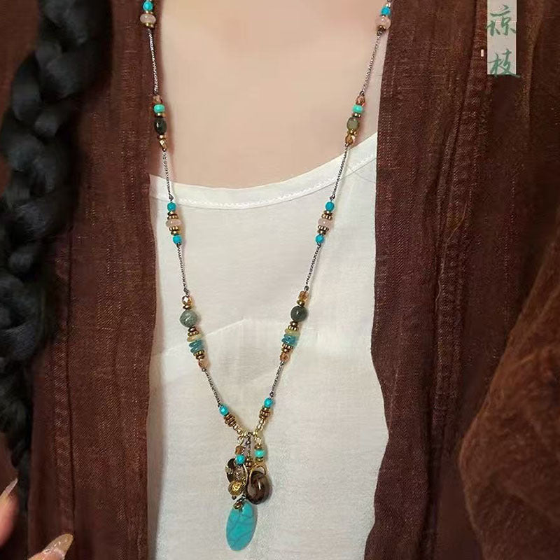 Wholesale Turquoise Beaded Pendant Necklace,  Vintage Chinese-Style Long Ethnic Sweater Chain,  Boutique Resale Jewelry