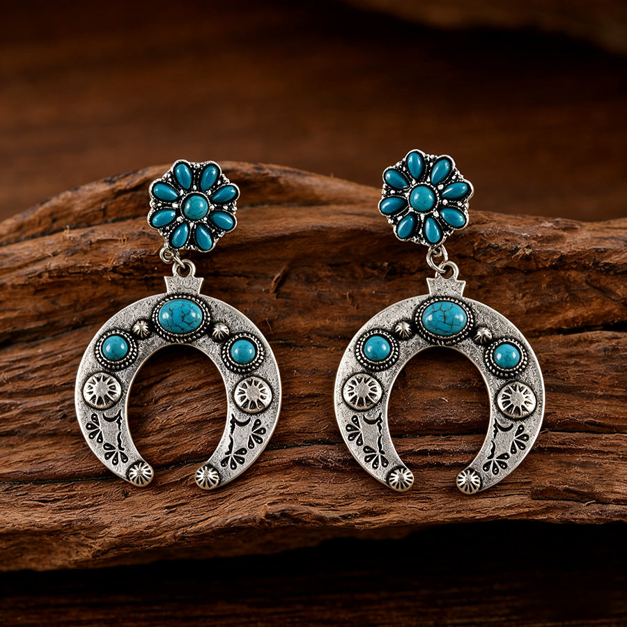 Wholesale Zinc Alloy Electroplated Retro Horn Flower Earrings Bohemian Ethnic Style Jewelry Accessory