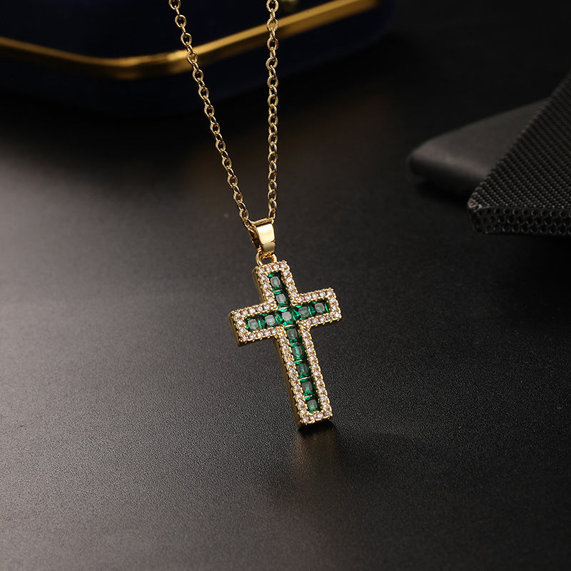 Wholesale Gold Plated Copper Colored Zircon Cross Necklace Hip Hop Retro Pendant Fashion Jewelry Accessory For Boutique Resale