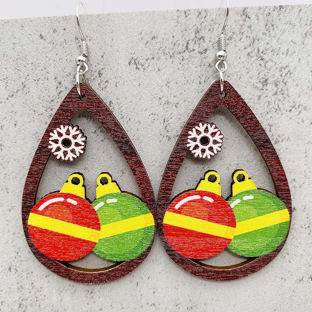 Wholesale Christmas Series Earrings Christmas Hat Football Gloves Bell Printed Wooden Earrings