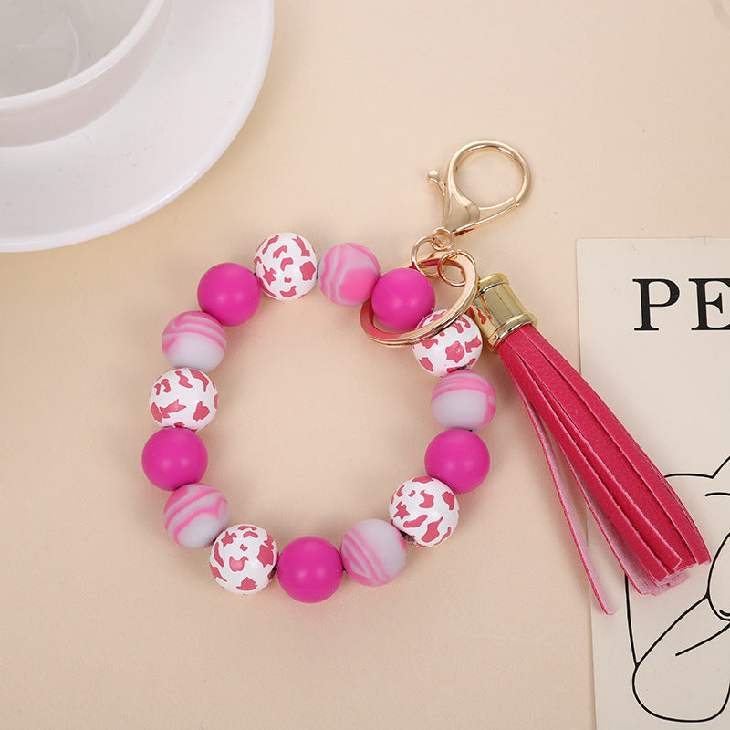 Wholesale Retro Silicone Bead Bracelet Keychain With PU Tassel Mint Green Geometric Print Chic Fashion Accessory For Everyday Use
