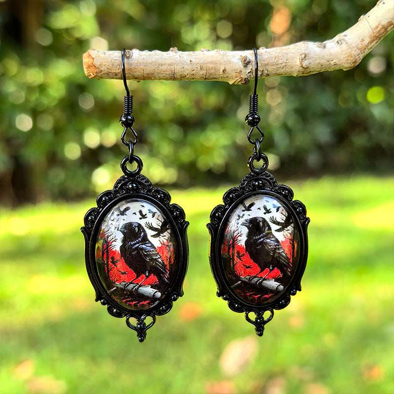 Wholesale Halloween Black Crow Time Gemstone Pendant Earrings