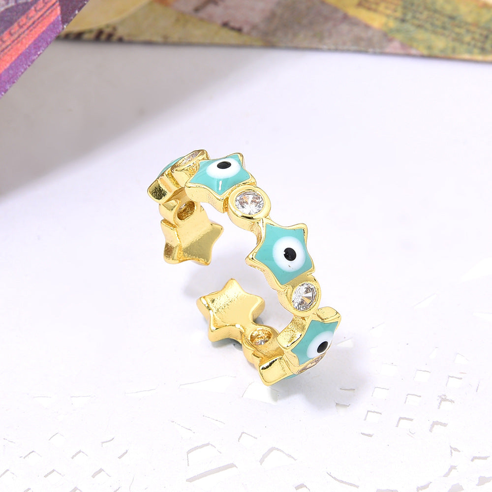 Wholesale Colorful Oil Drop Demon Eye Zircon Star Adjustable Ring