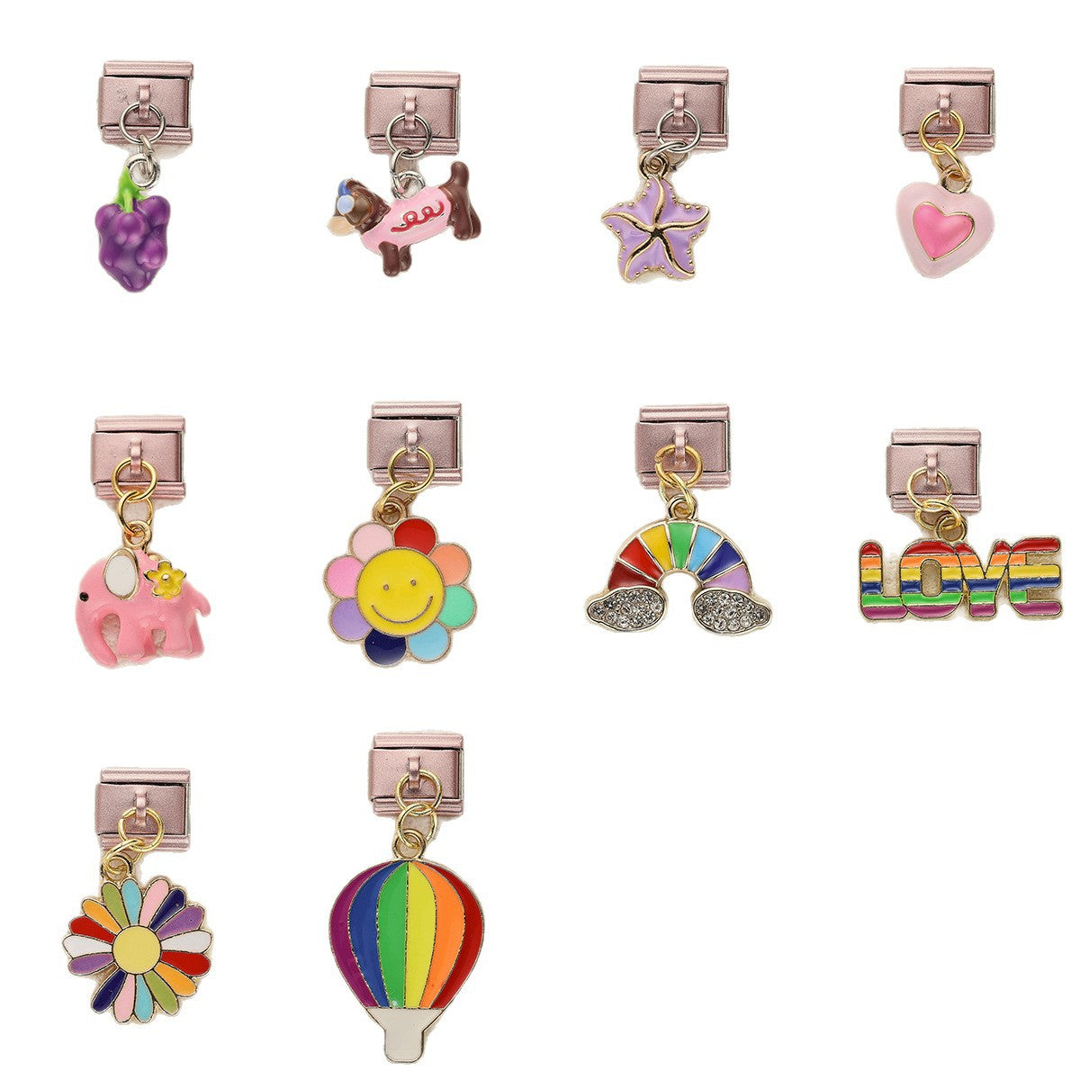 Wholesale 10pcs Italian Charm Bracelet 9mm DIY Splicing Rainbow Puppy Heart Element Pendant Stainless Steel Composable Bracelet