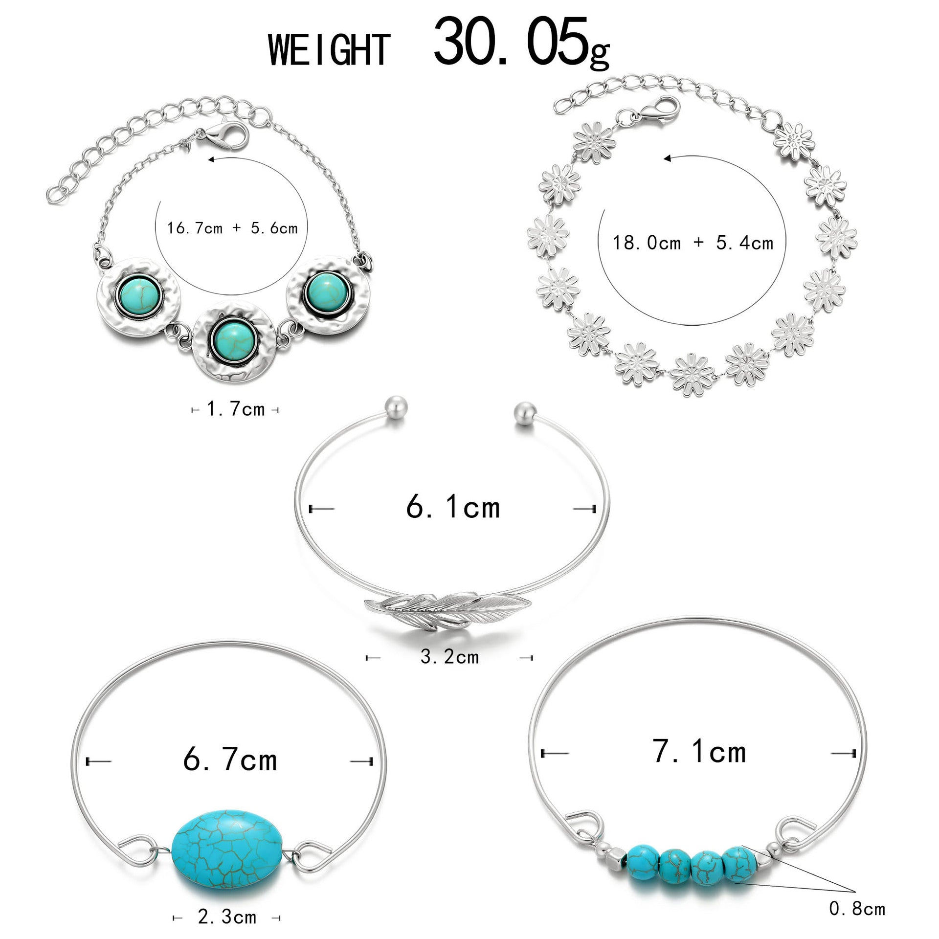 Wholesale Turquoise Feather Flower Bracelet Set - Ethnic Style 5-Piece Jewelry for Gift or Everyday Wear