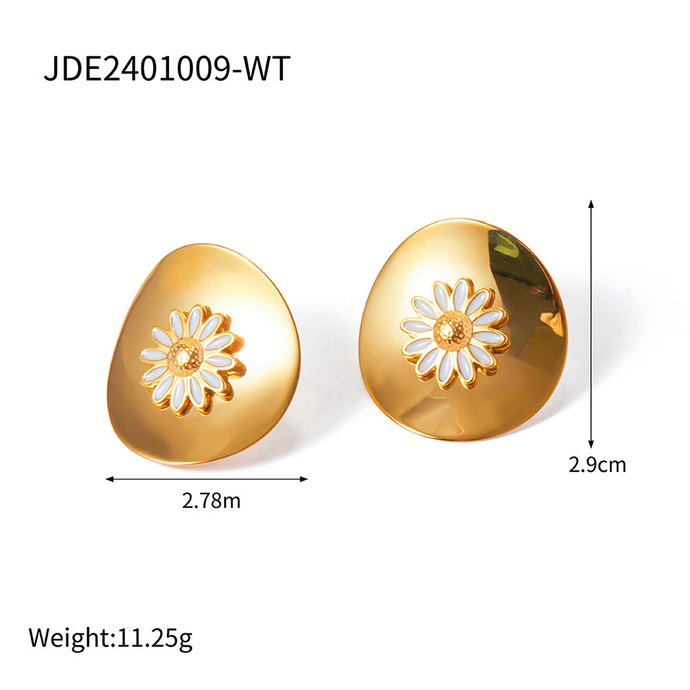 Wholesale Steel Color Oil Drop Stainless Steel Disc White Oil Drop Small Daisy Earrings ACC-ES-JieDing001