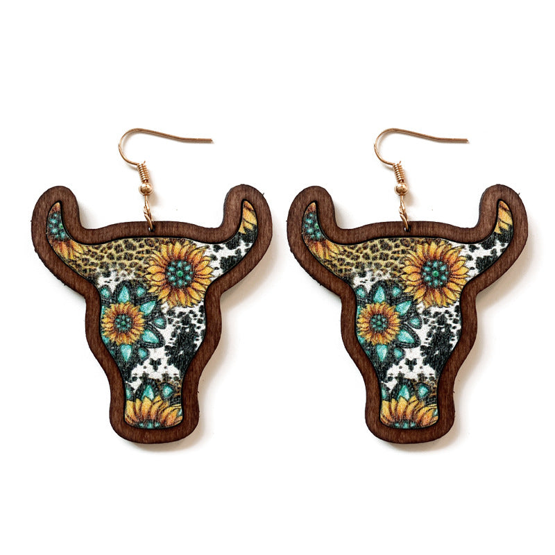 Wholesale Western retro wooden  cow head inlaid bohemian style earrings