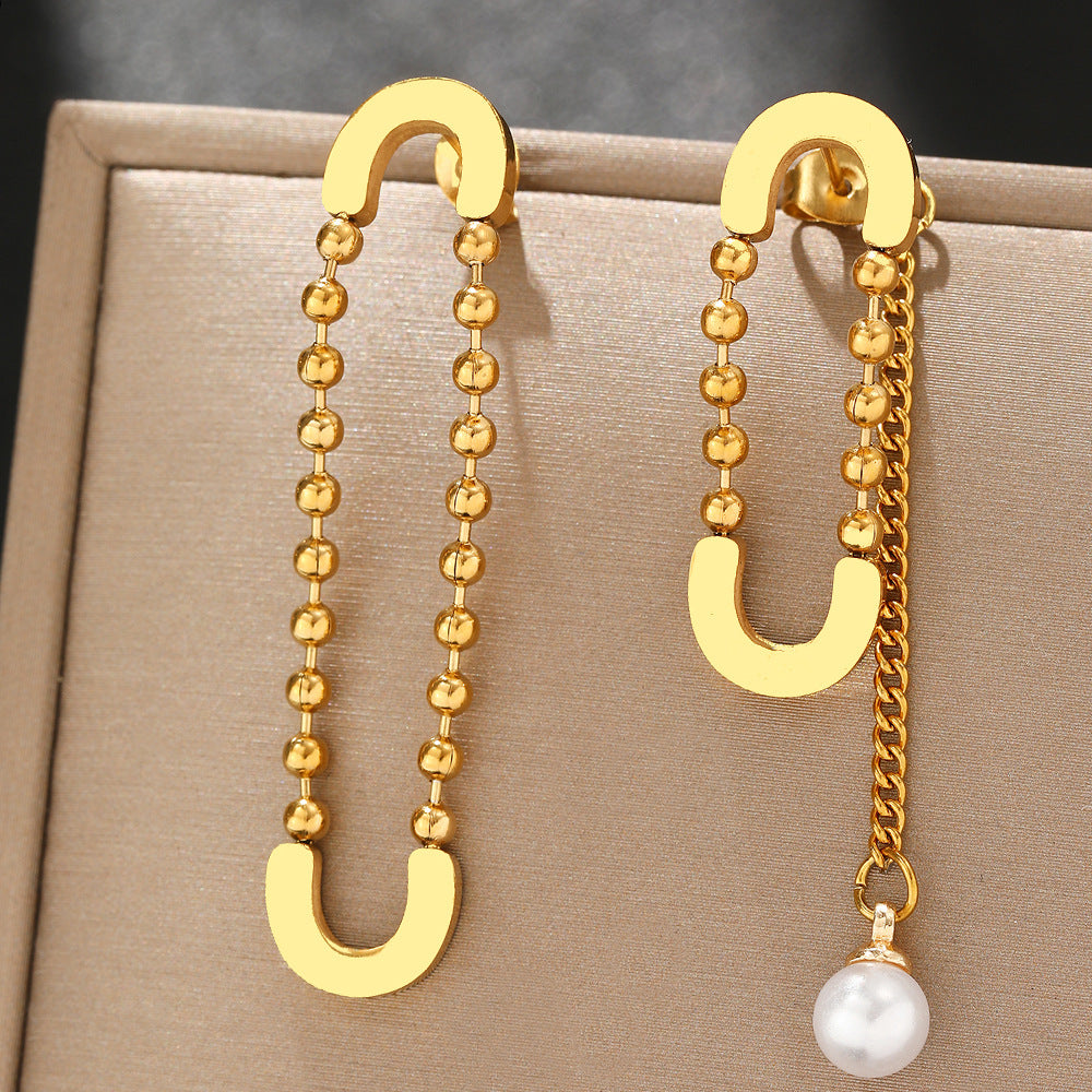 Wholesale Exaggerated Design Sense Stainless Steel Gold  Pearl Pendant Pin Earrings