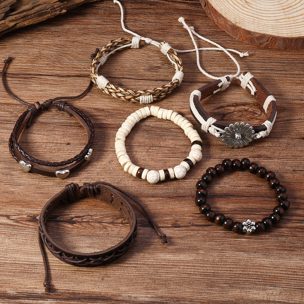 Wholesale Retro Sunflower Handwoven Beaded Bracelet Set 6 Pieces Multi Layer Elastic Leather Fashion Accessory For Party Resale