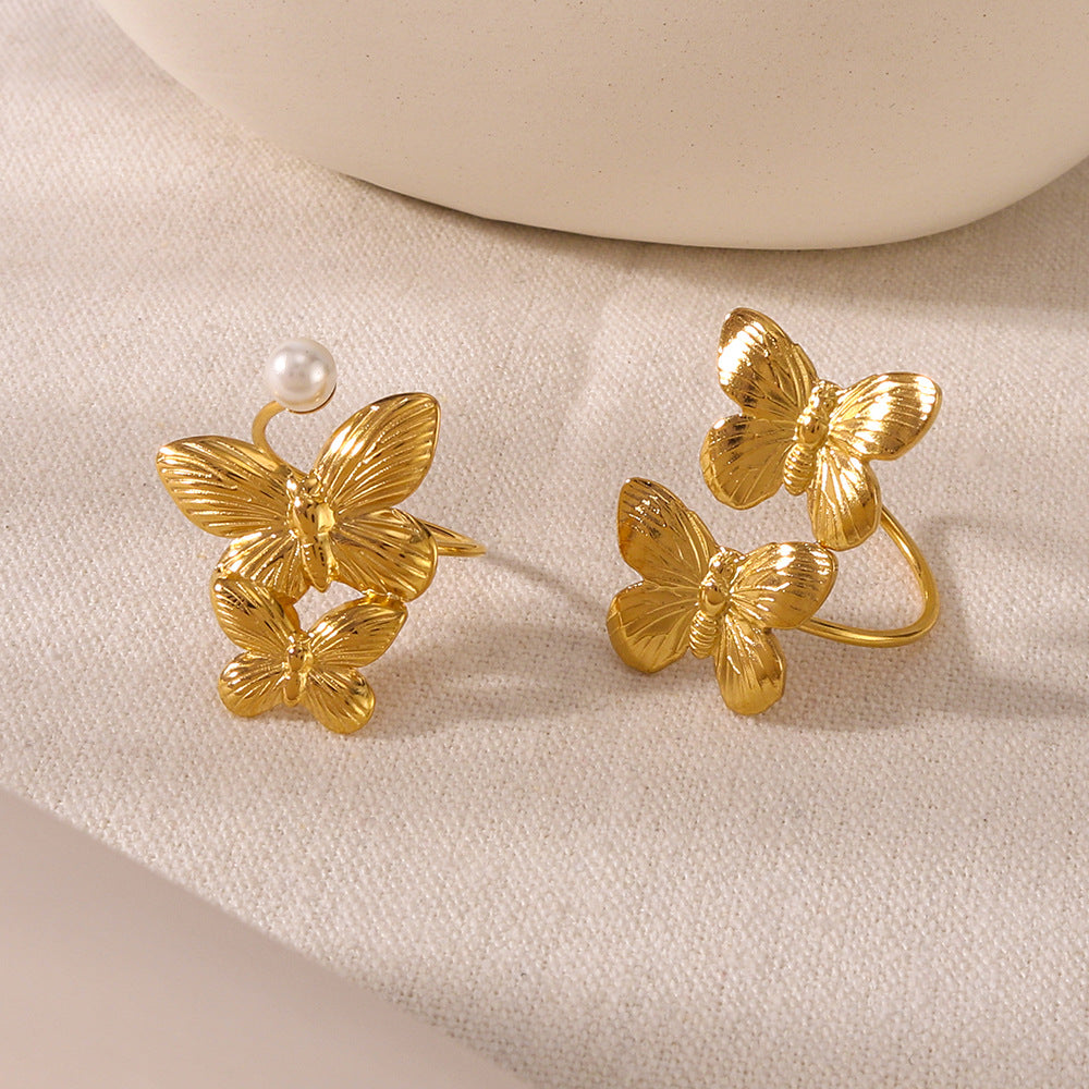 Wholesale butterfly multi-layer pearl engraved titanium steel ring