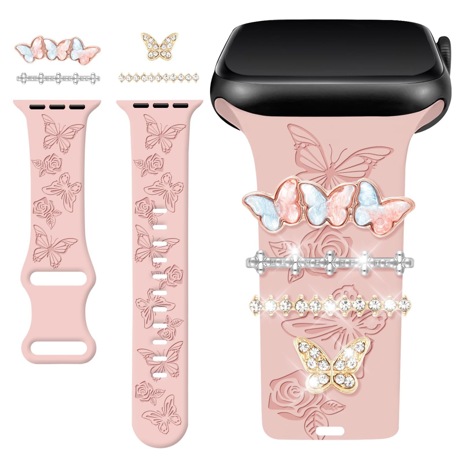 Wholesale Gold Floral Rhinestone Decorative Ring Alloy Smart Watch Band Charm Chic Fashion Accessory For Women