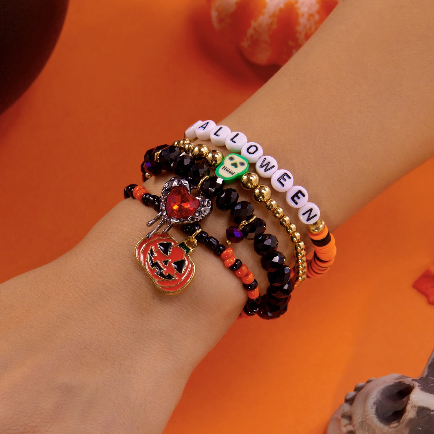 Wholesale Holiday Party  Pumpkin Skull Multi-layer Beaded Bracelet