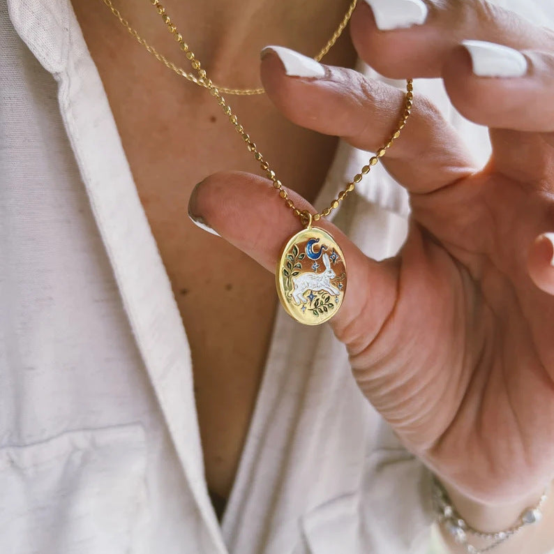 Wholesale Painted Oil Drip Rabbit Element Titanium Steel Necklace Oval Tarot Card 18K Gold Plated Necklace ACC-PT-JiP003