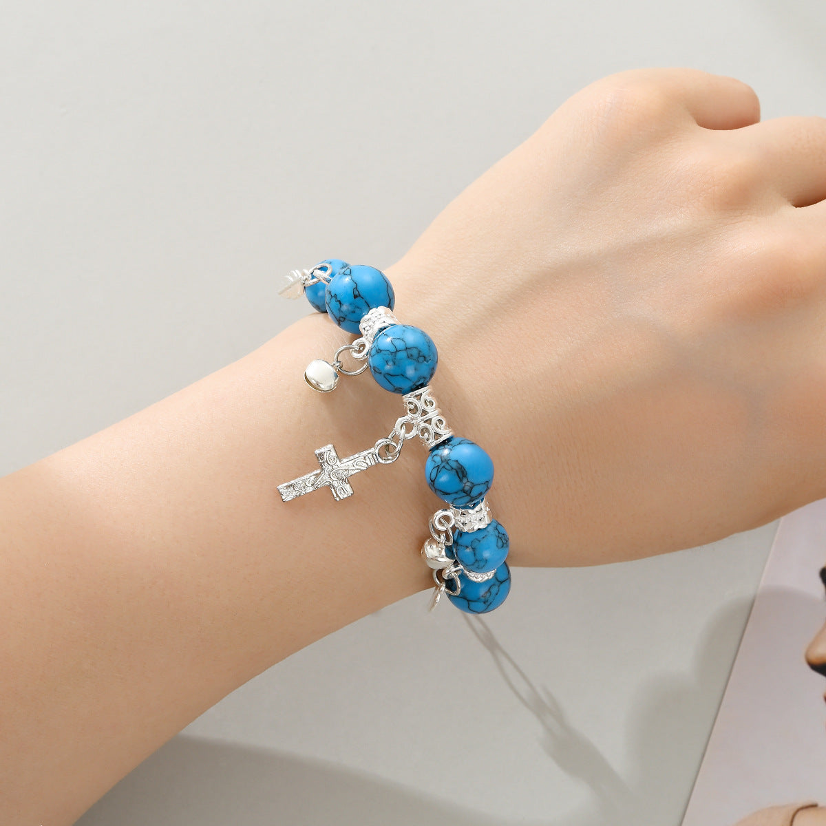 Wholesale Natural turquoise malachite cross bell bracelet