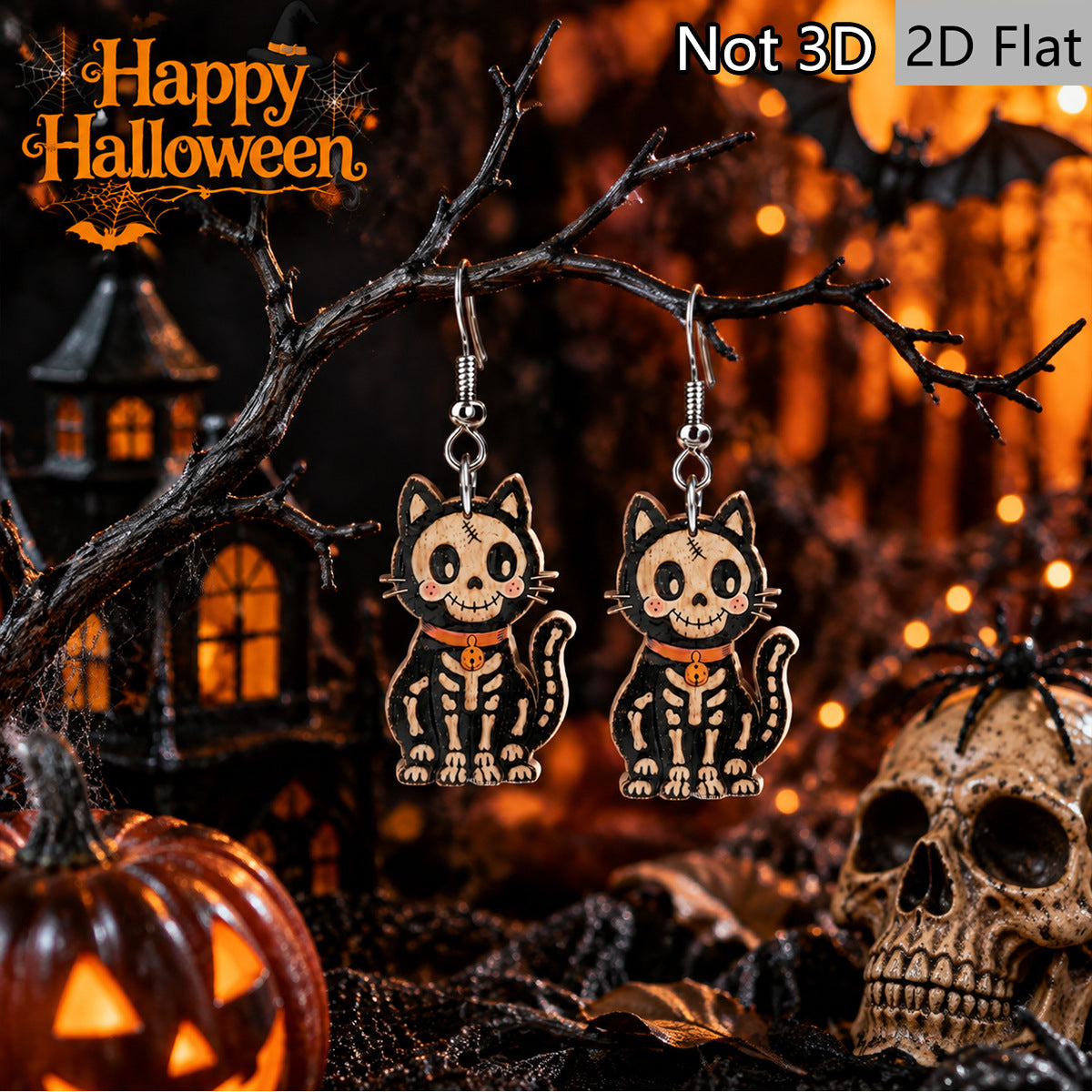 Wholesale Retro  Wooden Drop Earrings With Skull And Black Cat Print Women S Fashion Jewelry