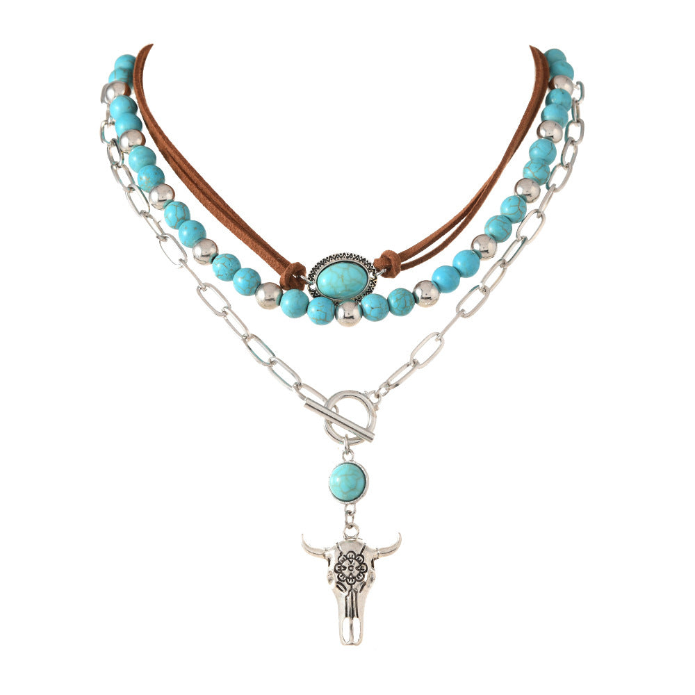 Wholesale Western style Vintage Necklace turquoise metal bull's head OT buckle multi-layer beaded necklace