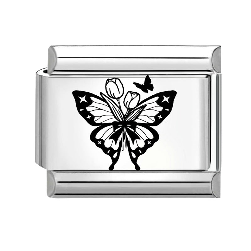 Wholesale Italian Charm Bracelet 9mm DIY Splicing Black and White Lettering Butterfly Titanium Steel Composable Bracelet