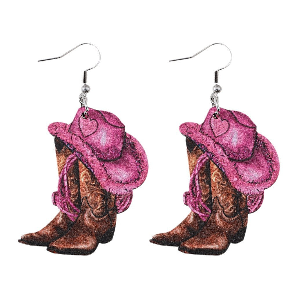 Wholesale Western Style Pink Denim Hat Cowboy Boots Pendant Earrings