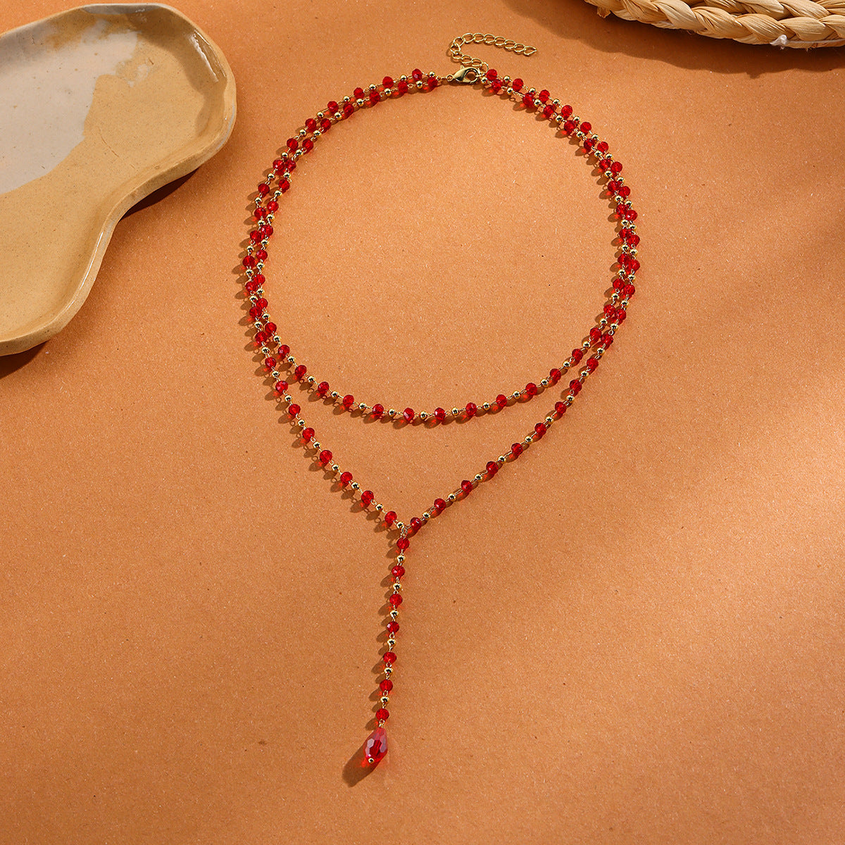 Wholesale  Beaded Tassel Handmade Beaded Double-layer Red Crystal High-grade Clavicle Chain