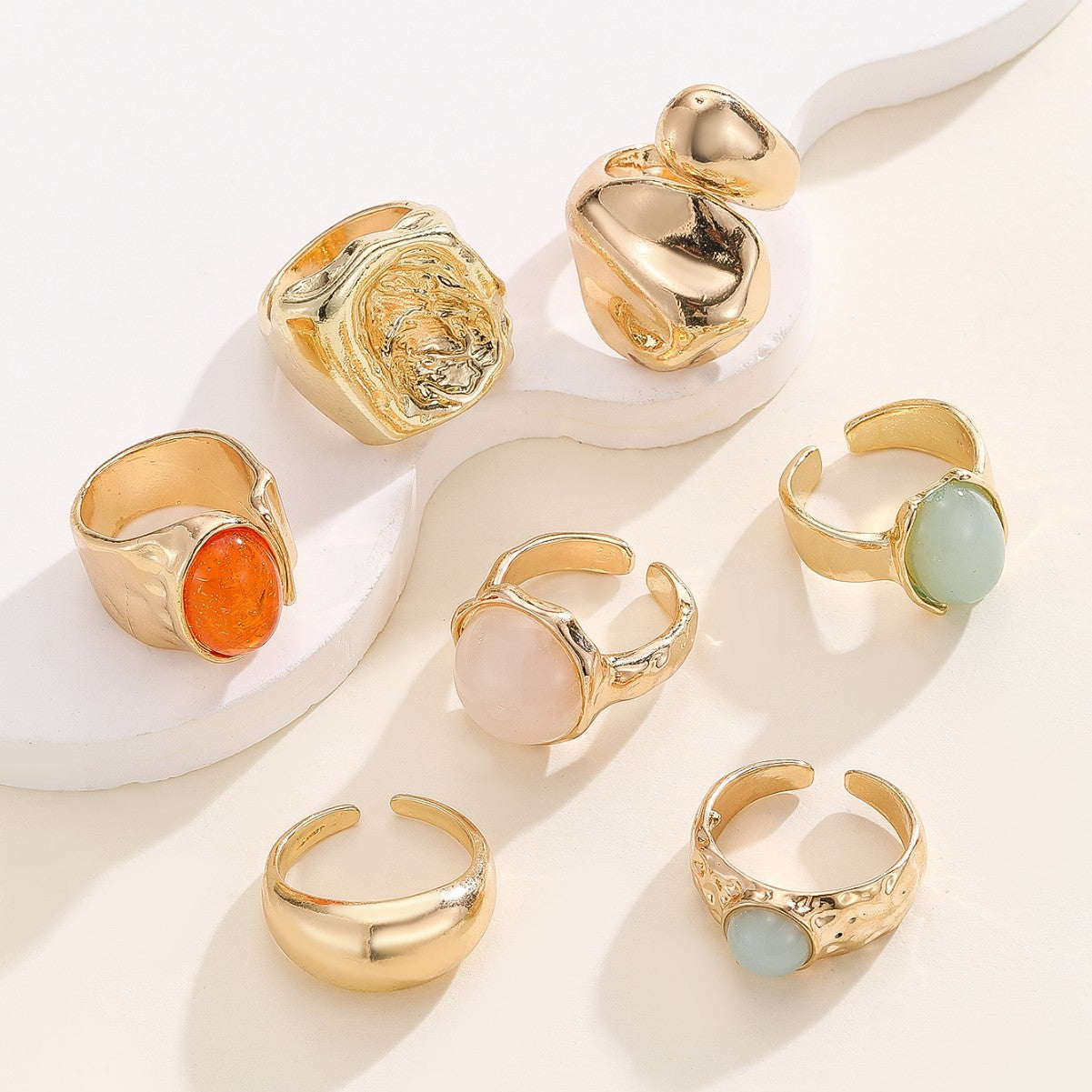Wholesale Vintage Geometric Gold Finish Alloy Ring Set 7Pc Women S Chic Jewelry Accessory