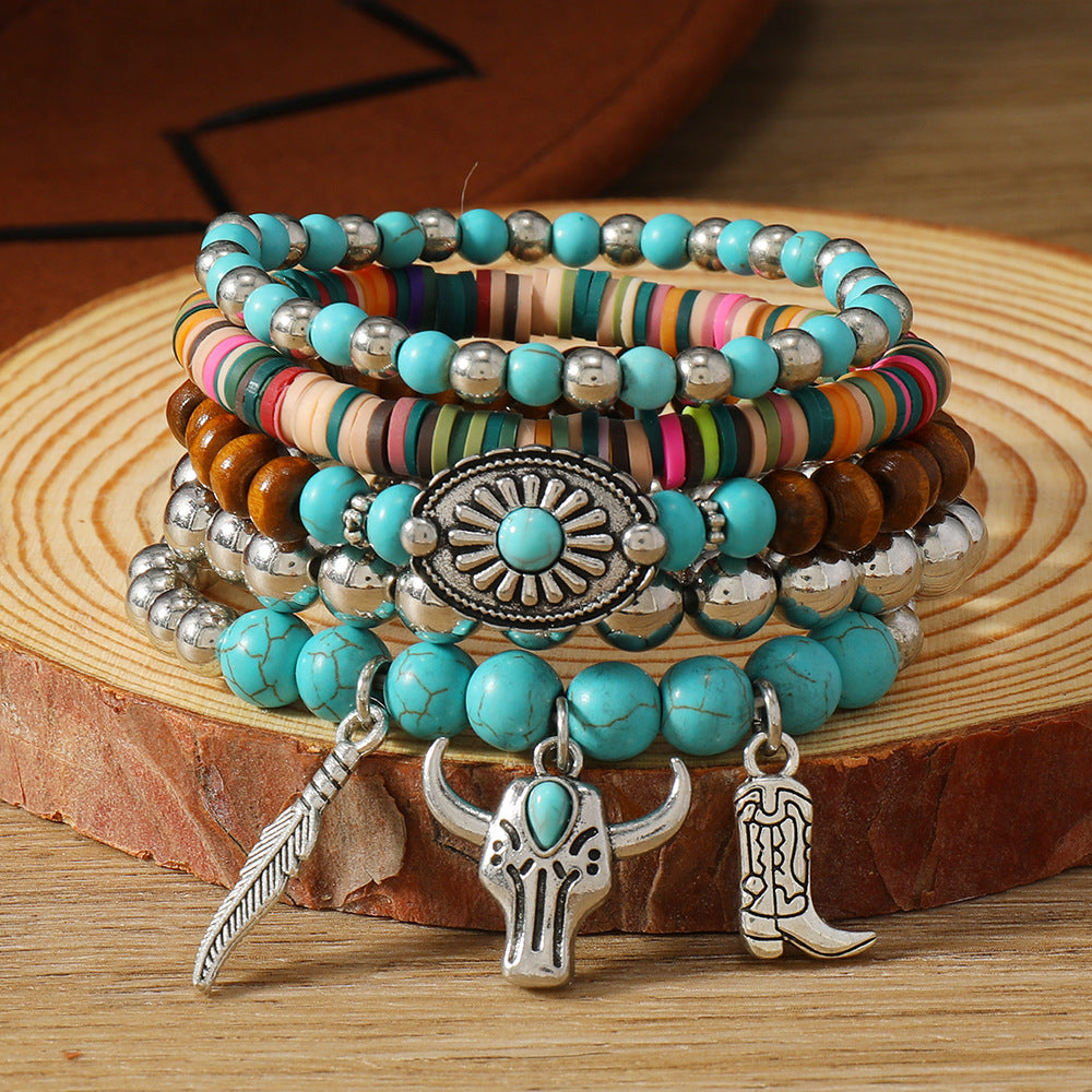 Wholesale Turquoise bull head Western vintage boots beaded bracelet