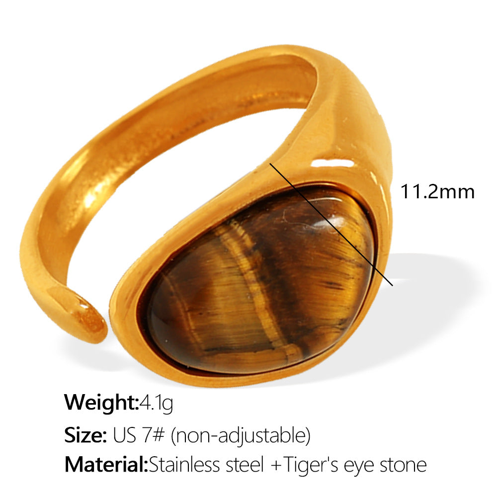 Wholesale French Retro Natural Tiger Eye Stone Ring Titanium Steel Plated with 18K Gold Elegant Niche Design Open Women' s Ring Accessible Luxury