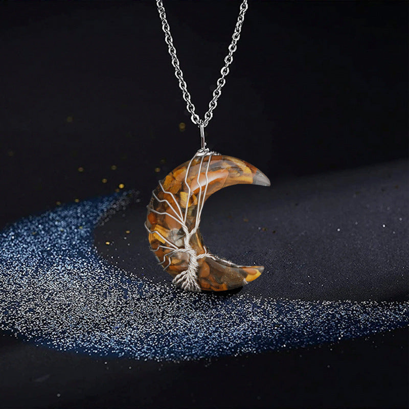 Wholesale Boutique Wire Wrapped Crescent Moon Tree Of Life Amethyst Crystal Necklace Jewelry Accessory