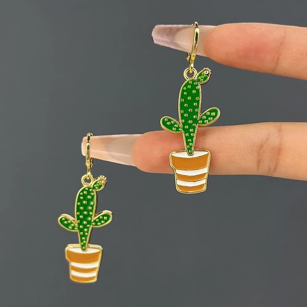 Wholesale Zinc Alloy Drop Oil Leaf Cactus Earrings Trendy Jewelry Accessory for Everyday Wear
