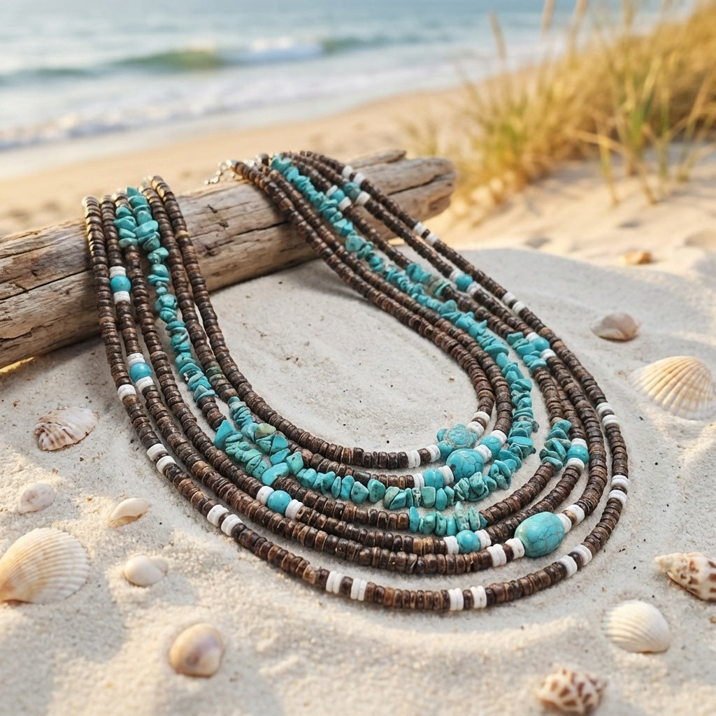 Wholesale Boho Style nut Shell Turquoise Necklace Stainless Steel Jewelry Accessory for Men Women