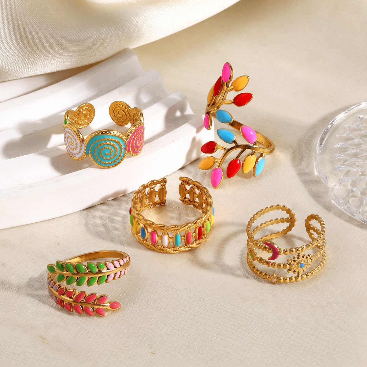 Wholesale Gold Plated Stainless Steel Colorful Enamel Floral Geometric Ring Trendy Fashion Accessory for Women