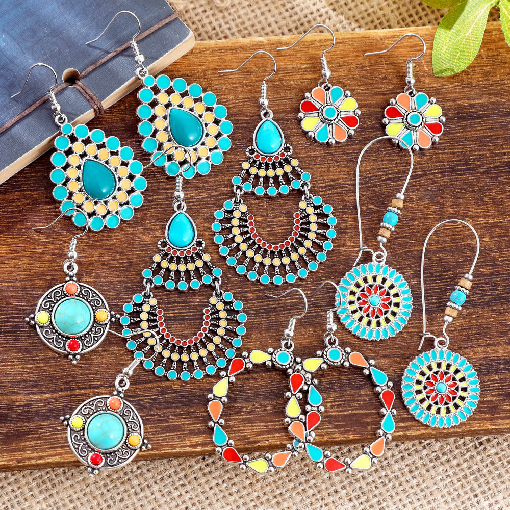 Wholesale Alloy Retro Ethnic Turquoise Bohemian Geometric Oil Drip Earrings Jewelry Accessory