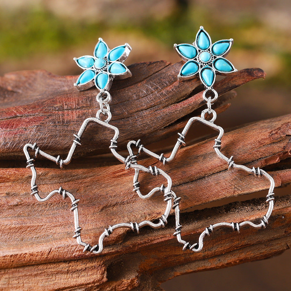 Wholesale Western Style Old Texas Flower Turquoise Inlaid Earrings