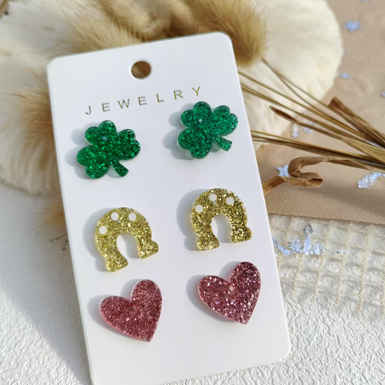 Wholesale 3pcs/set St. Patrick's Day Acrylic  Glitter Hat Shamrock  Earrings