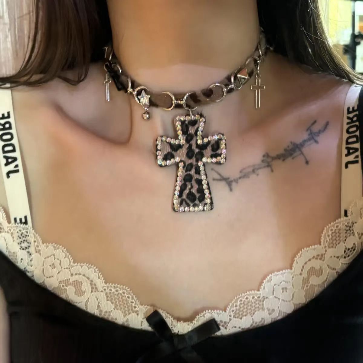 Wholesale Vintage Leopard Print Black Leather Cross Necklace