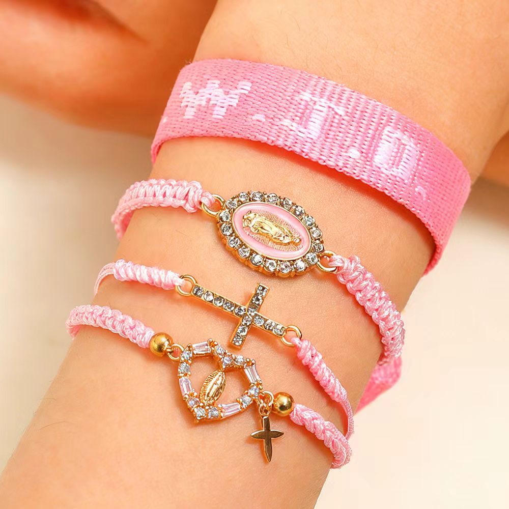 Wholesale Pink 5-piece Cross Women' s Fashion Personality Elastic Bracelet Set