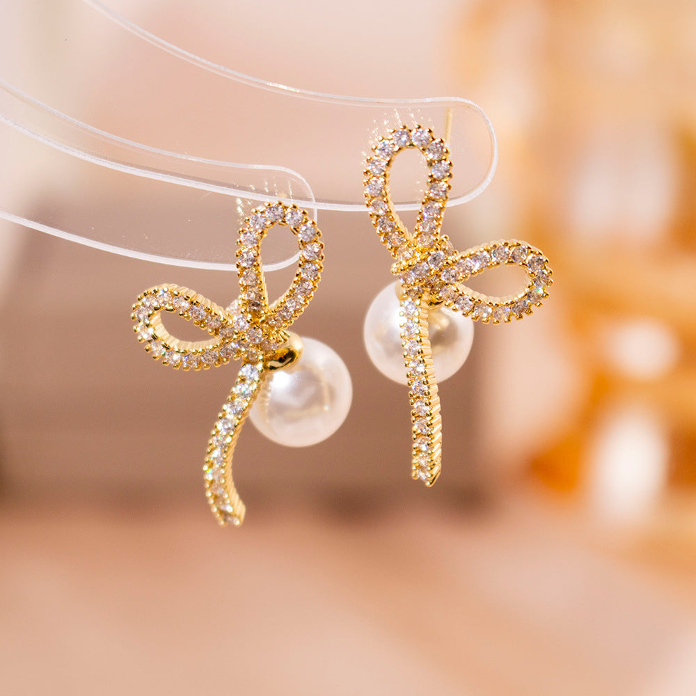 Wholesale Silver Needle High-grade Zircon Butterfly Pearl Earrings