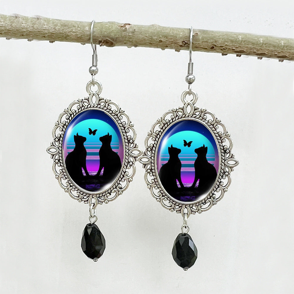 Wholesale Halloween Stainless Steel Ear Hook Oval Lace Pumpkin Black Cat Moon Metal Earrings ACCVIP-ES-XiangLian005