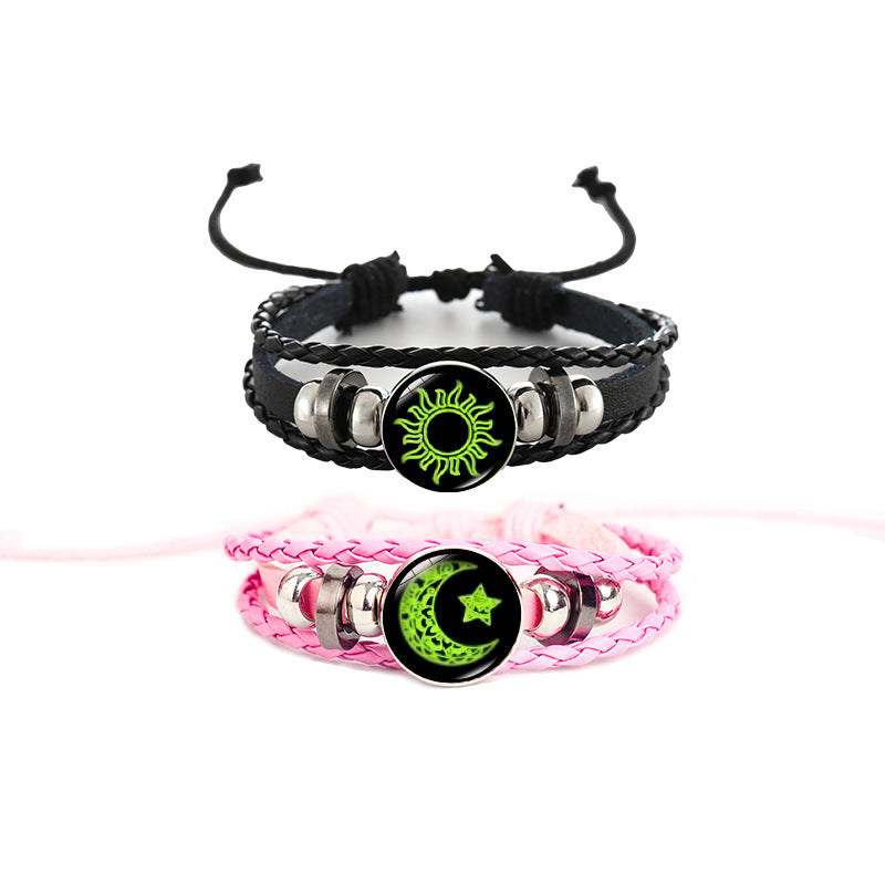 Wholesale Retro luminous sun and moon lovers handmade multi-layer braided leather bracelet