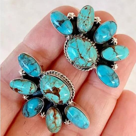 Wholesale  Bohemian style retro geometric flowers inlaid turquoise exaggerated earrings earrings