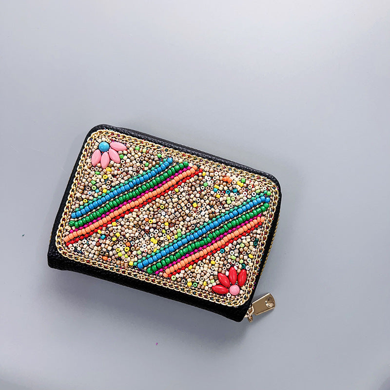 Wholesale Ethnic Retro Accordion Card Holder Handmade Rice Bead Bag Wallet ACC-WT-Mengs002
